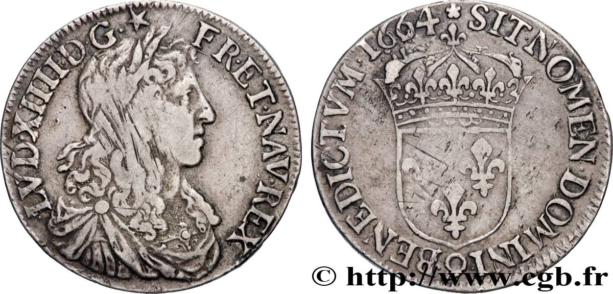 LOUIS XIV LE GRAND OU LE ROI SOLEIL Demi-écu, portrait apollinien 1664 Rennes TB+
