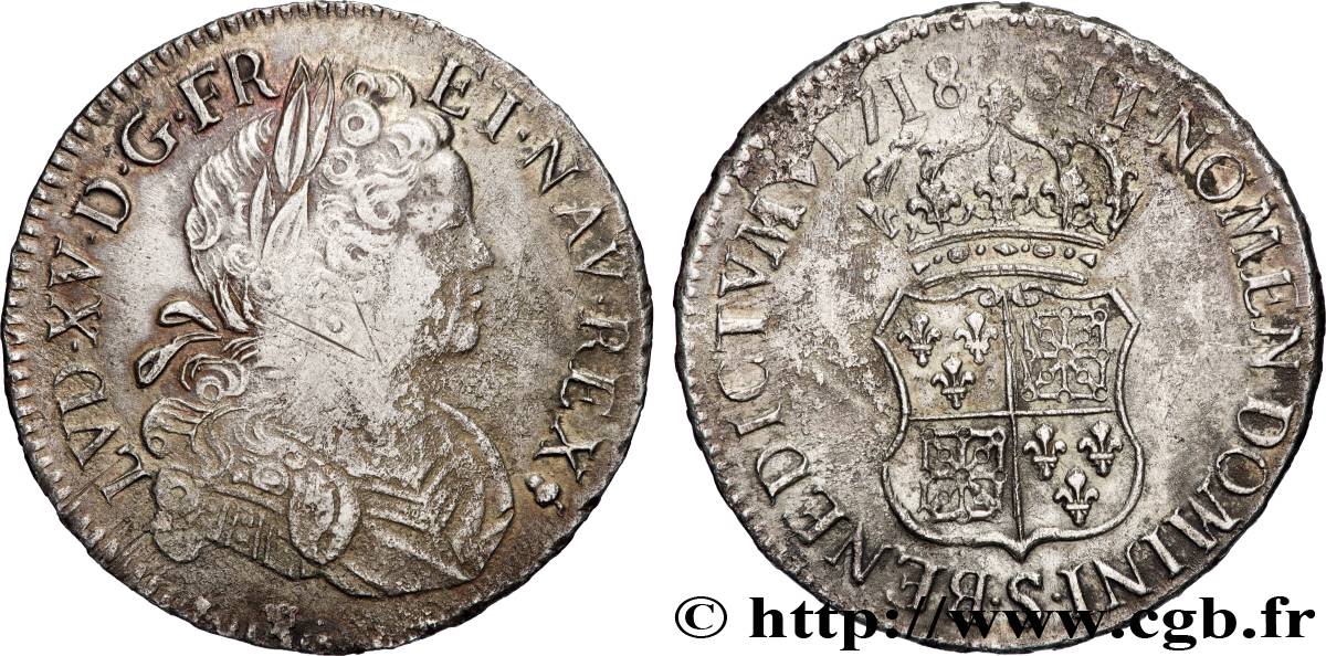 LOUIS XV DIT LE BIEN AIMÉ Écu à l’écu écartelé de France et de Navarre 1718 Reims TB+