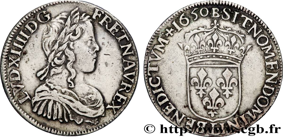 LOUIS XIV LE GRAND OU LE ROI SOLEIL Demi-écu, portrait à la mèche longue 1650 Bayonne TTB