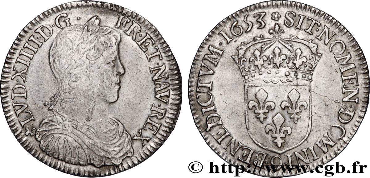 LOUIS XIV  THE SUN KING  Demi-écu, portrait à la mèche longue 1653 Rennes XF
