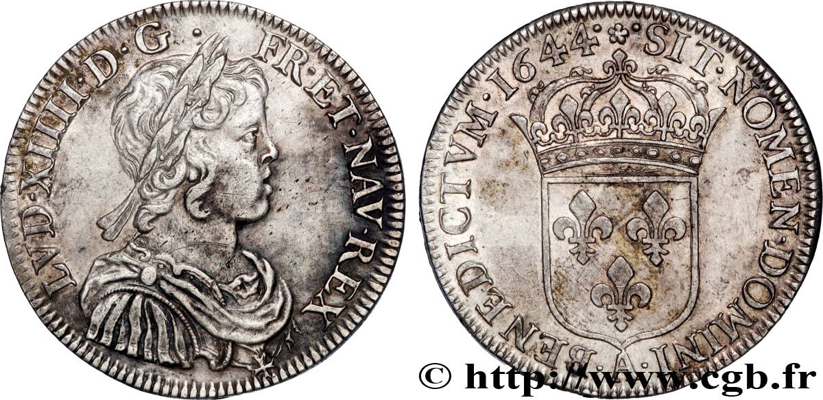 LOUIS XIV  THE SUN KING  Demi-écu, portrait à la mèche courte 1644 Paris, Monnaie de Matignon AU