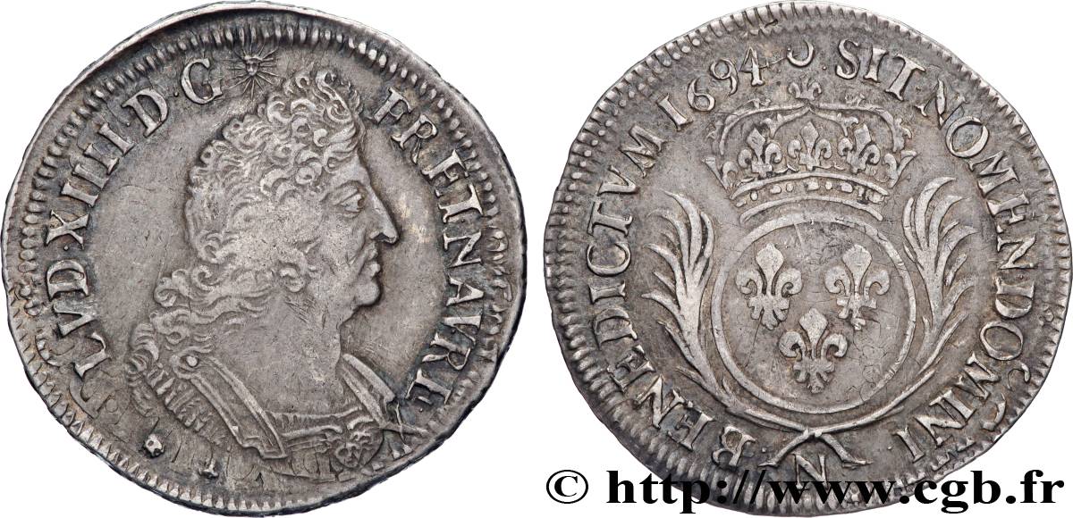 LOUIS XIV  THE SUN KING  Demi-écu aux palmes 1694 Montpellier XF