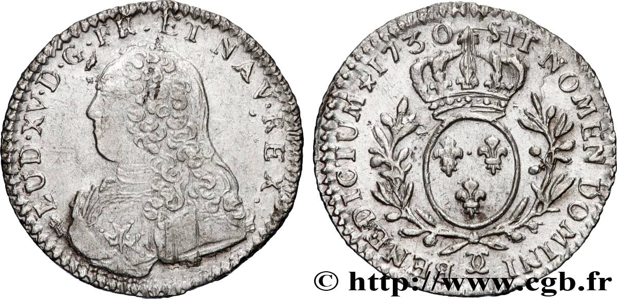 LOUIS XV THE BELOVED Dixième d’écu aux branches d’olivier, buste habillé 1730 Besançon XF/AU
