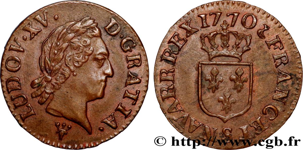 LOUIS XV  THE WELL-BELOVED  Liard dit  à la vieille tête  1770 Reims AU
