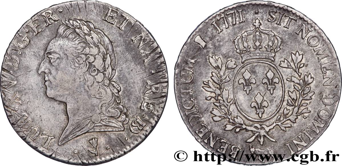 LOUIS XV THE BELOVED Écu aux branches d’olivier, buste lauré 1771 Pau XF