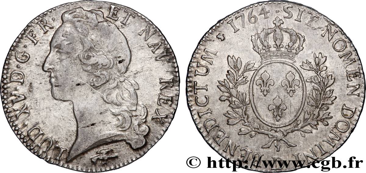 LOUIS XV THE BELOVED Écu aux branches d’olivier, tête ceinte d’un bandeau 1764 Lyon XF