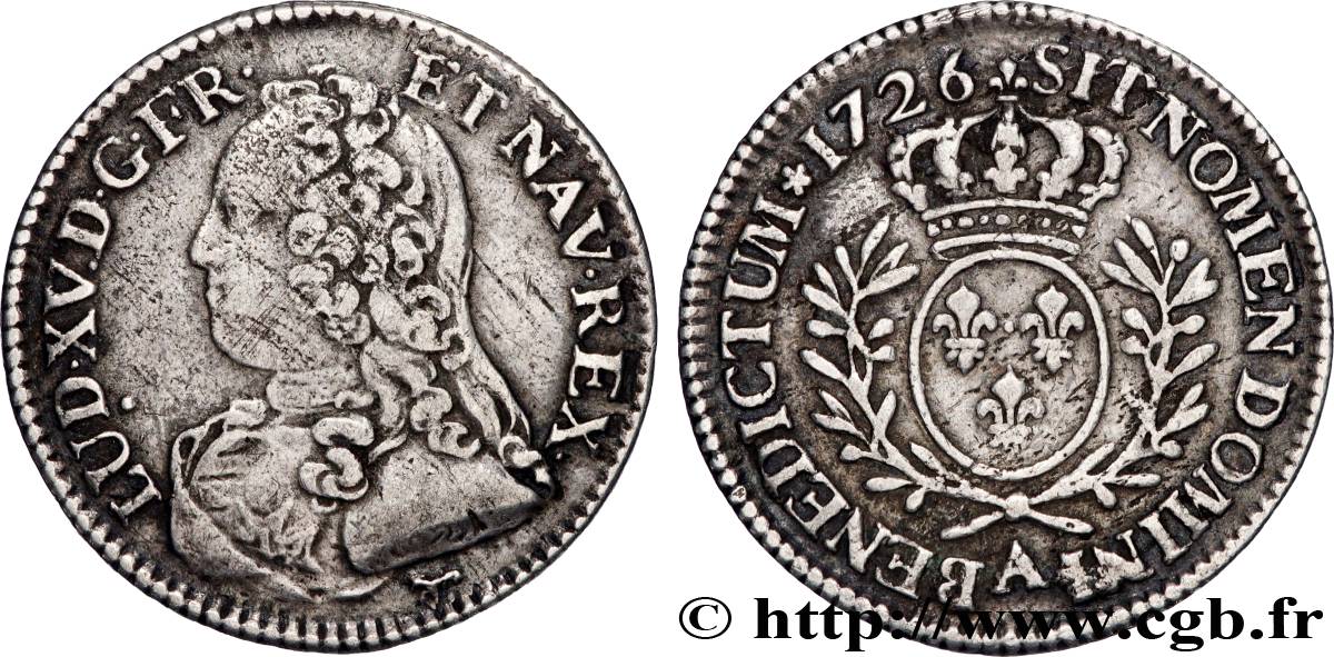 LOUIS XV THE BELOVED Cinquième d écu aux branches d olivier, buste habillé 1726 Paris XF