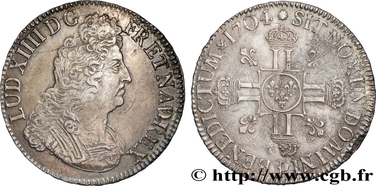 LOUIS XIV  THE SUN KING  Écu aux huit L, 2e type 1704 Dijon AU