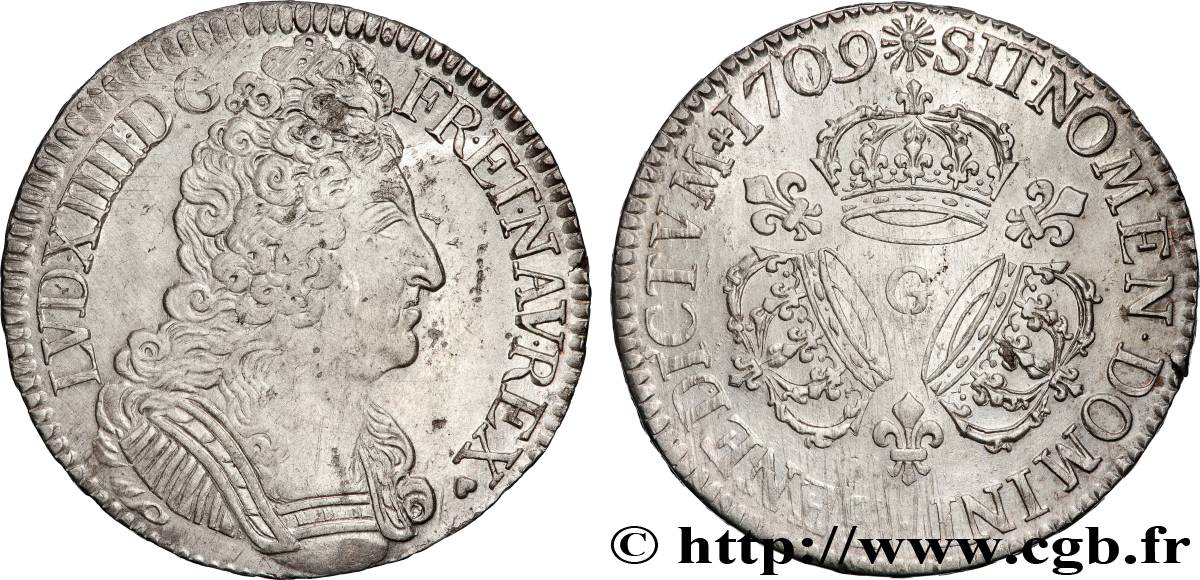 LOUIS XIV  THE SUN KING  Écu aux trois couronnes 1709 Poitiers AU