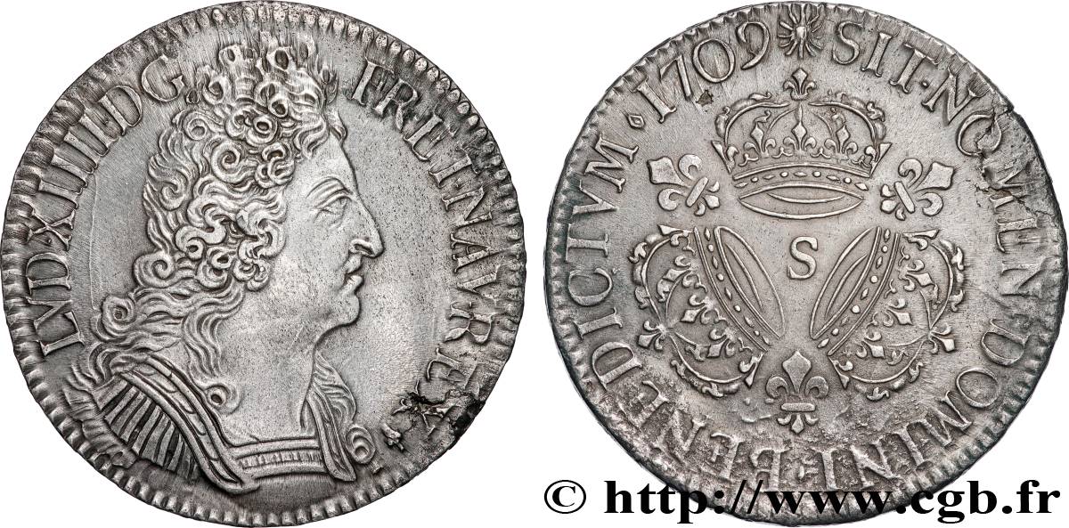 LOUIS XIV  THE SUN KING  Écu aux trois couronnes 1709 Reims AU