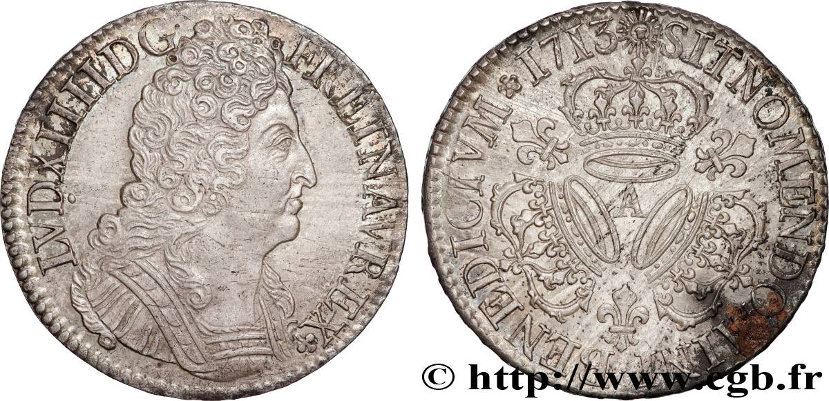 LOUIS XIV  THE SUN KING  Écu aux trois couronnes 1713 Paris AU