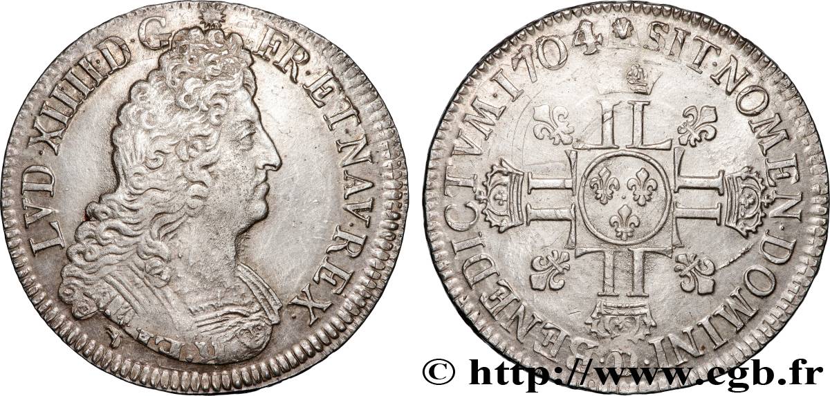 LOUIS XIV  THE SUN KING  Écu aux huit L, 2e type 1704 Lyon AU