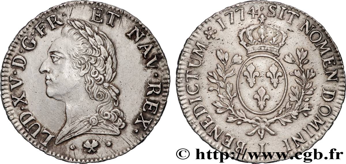 LOUIS XV THE BELOVED Écu aux branches d’olivier, buste lauré 1774 Bayonne AU/AU