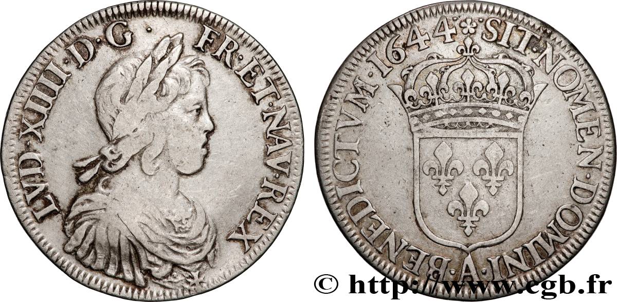 LOUIS XIV LE GRAND OU LE ROI SOLEIL Écu, portrait à la mèche courte 1644 Paris, Monnaie de Matignon TB/TB+