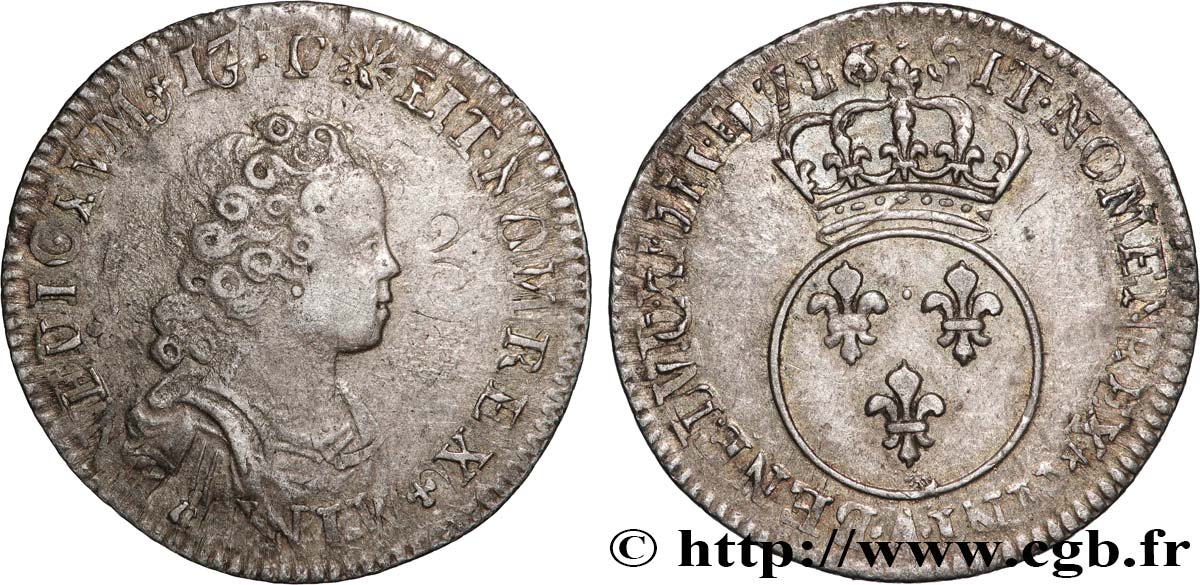 LOUIS XV DIT LE BIEN AIMÉ Dixième d écu dit “vertugadin” 1716 Paris TB+/TTB