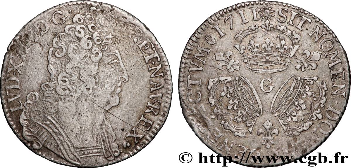 LOUIS XIV LE GRAND OU LE ROI SOLEIL Quart d écu aux trois couronnes 1711 Poitiers TTB