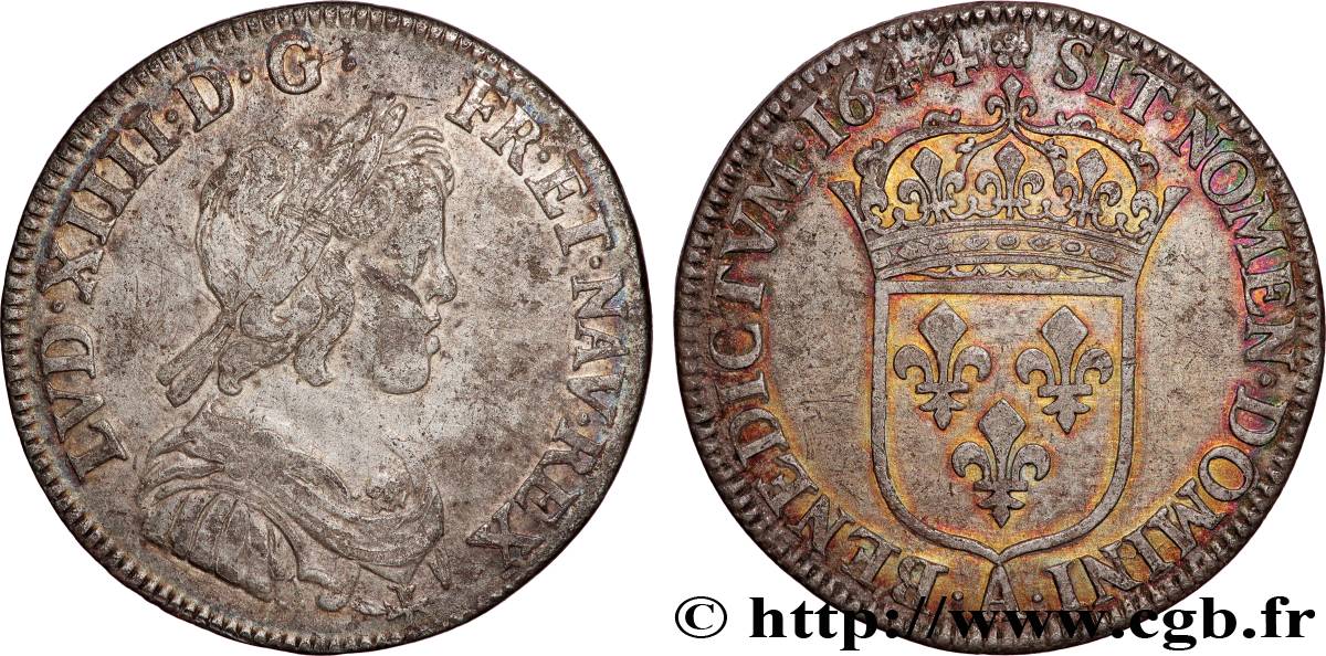 LOUIS XIV LE GRAND OU LE ROI SOLEIL Quart d écu, portrait à la mèche courte 1644 Paris, Monnaie de Matignon TB+/TTB