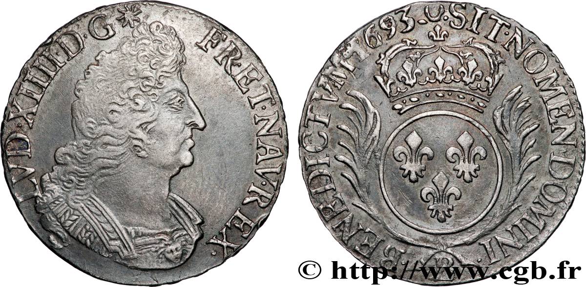 LOUIS XIV  THE SUN KING  Demi-écu aux palmes 1693 Rouen MBC/MBC+
