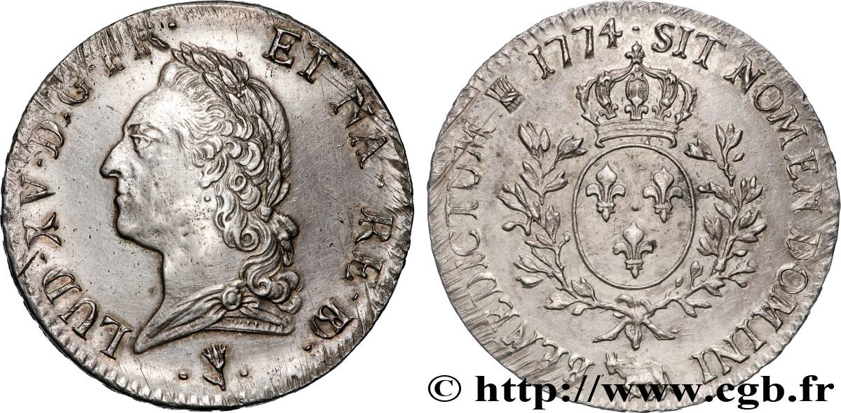 LOUIS XV THE BELOVED Écu aux branches d’olivier, buste lauré 1774 Pau AU