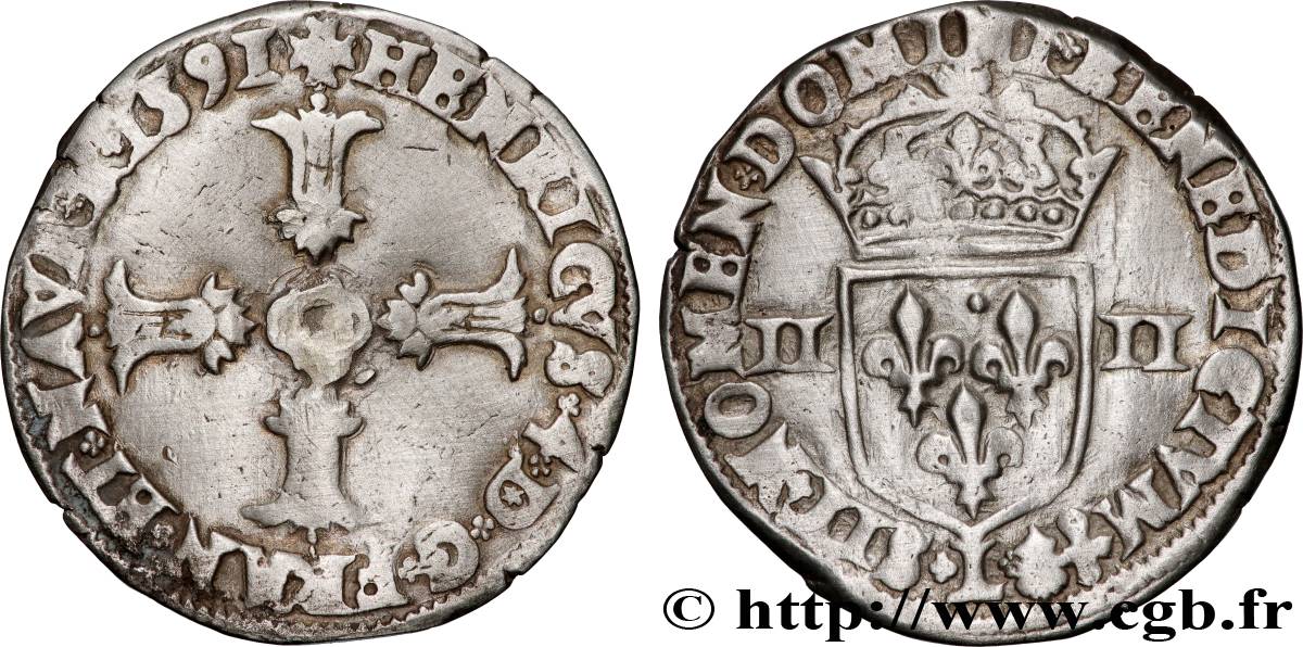 HENRI IV LE GRAND Quart d écu, croix feuillue de face 1591 Bayonne TB+/TTB