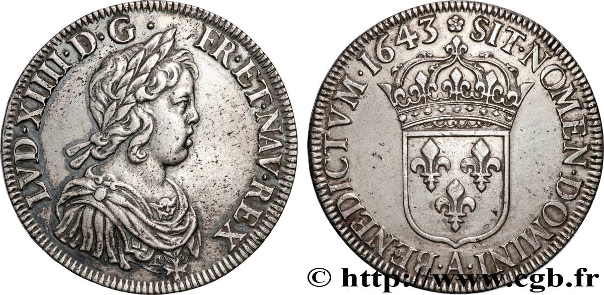 LOUIS XIV  THE SUN KING  Écu, portrait à la mèche courte 1643 Paris, Monnaie de Matignon AU