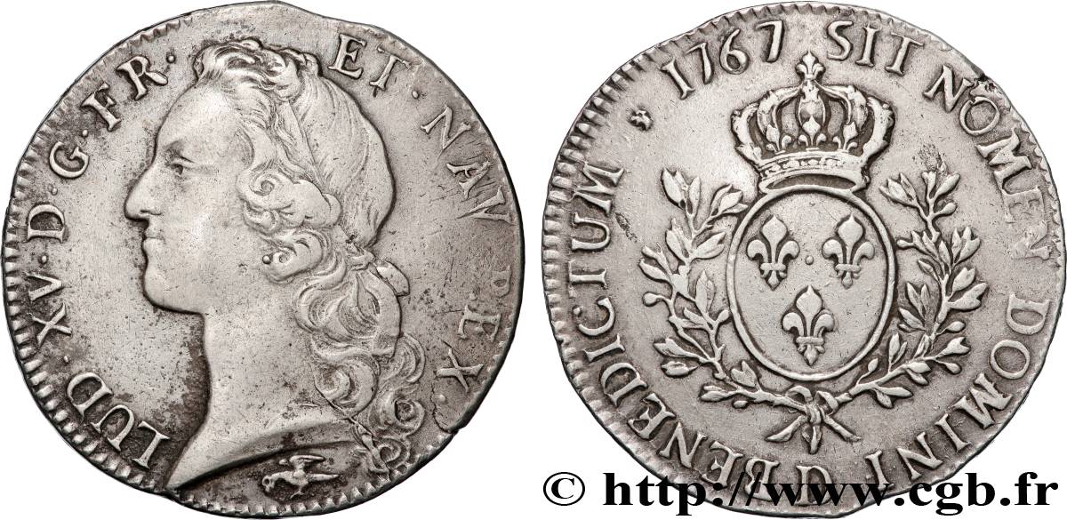 LOUIS XV THE BELOVED Écu aux branches d’olivier, tête ceinte d’un bandeau 1767 Lyon XF