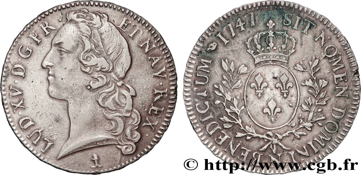 LOUIS XV THE BELOVED Écu aux branches d’olivier, tête ceinte d’un bandeau 1747 Montpellier AU