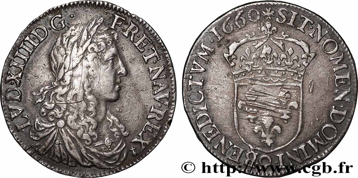 LOUIS XIV LE GRAND OU LE ROI SOLEIL Demi-écu, portrait apollinien 1660 Rennes TTB