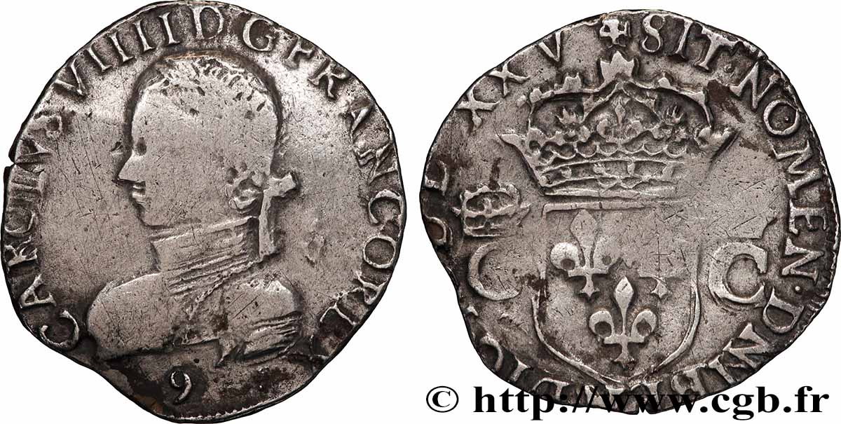 HENRY III. COINAGE AT THE NAME OF CHARLES IX Teston, 2e type 1575 (MDLXXV) Rennes VF