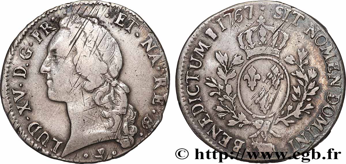 LOUIS XV THE BELOVED Écu aux branches d’olivier, tête ceinte d’un bandeau 1767 Pau VF