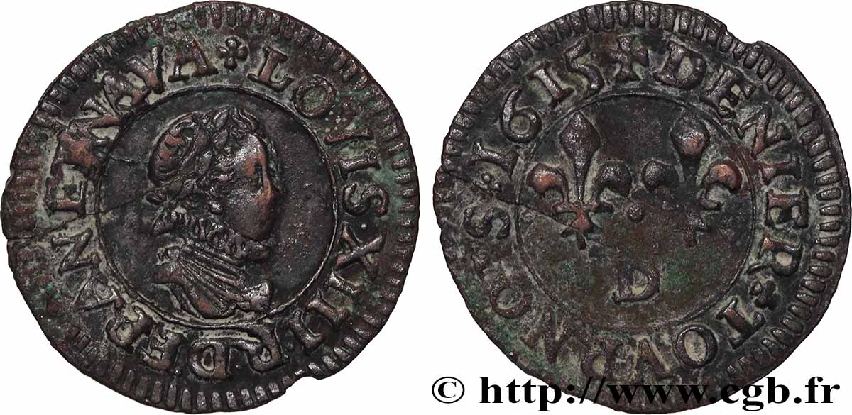 LOUIS XIII LE JUSTE Denier tournois, type 1 1615 Lyon TTB