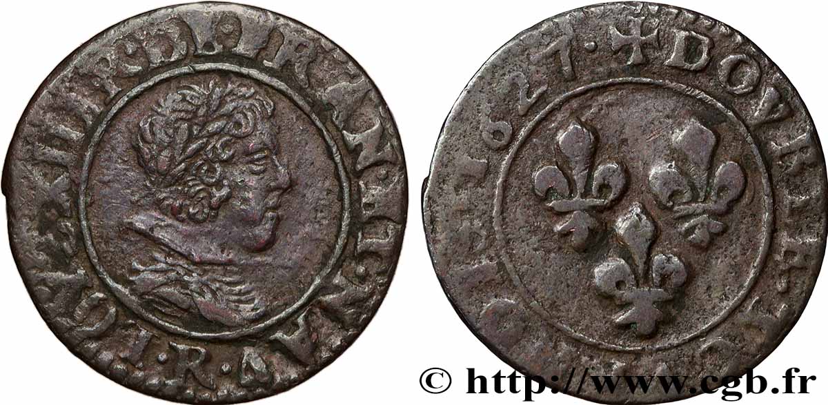 LOUIS XIII LE JUSTE Double tournois, type 8 1627 Saint-André de Villeneuve-lès-Avignon TB+