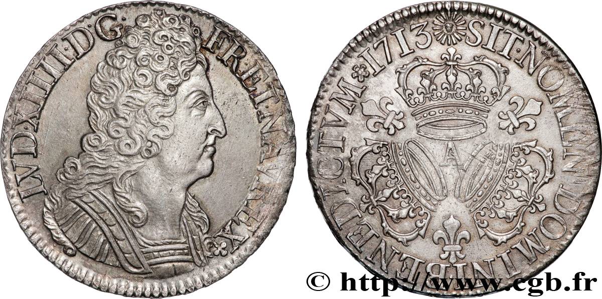 LOUIS XIV  THE SUN KING  Écu aux trois couronnes 1713 Paris AU