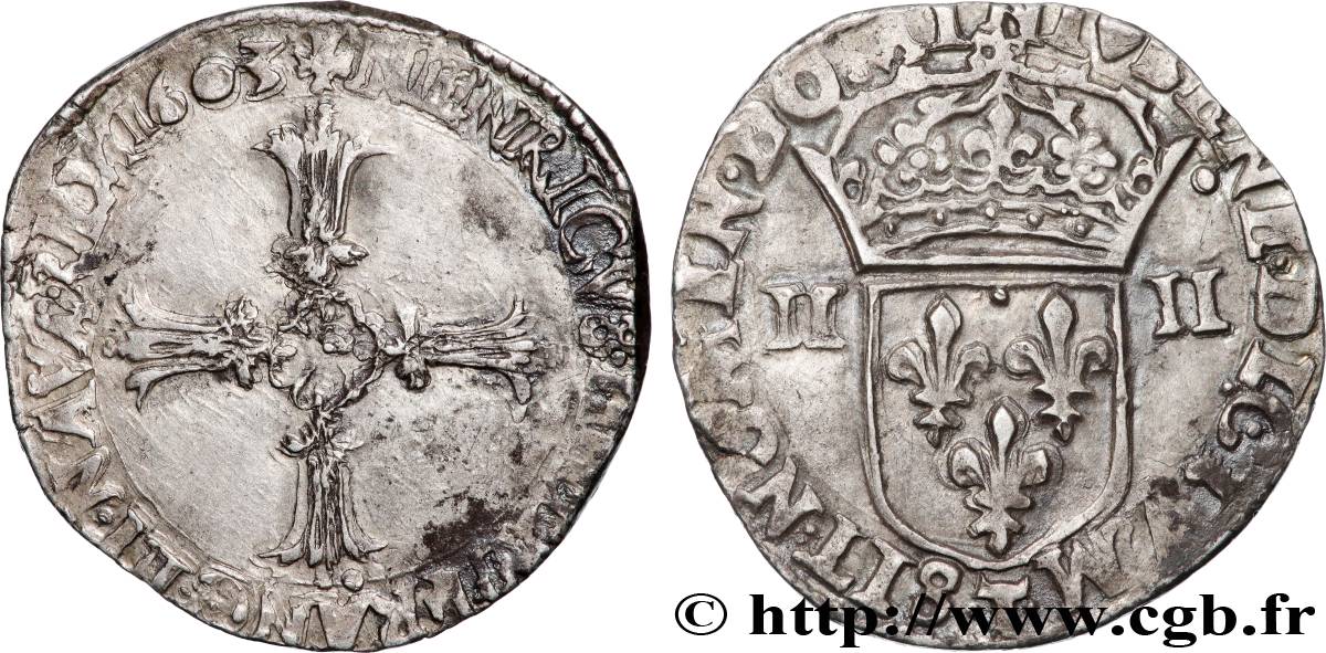 HENRY IV Quart d écu, croix feuillue de face 1603 Nantes VF/XF