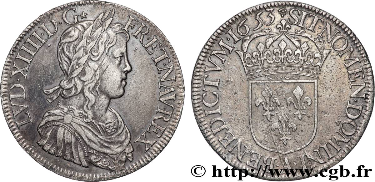 LOUIS XIV  THE SUN KING  Écu, portrait à la mèche longue 1653 Paris AU