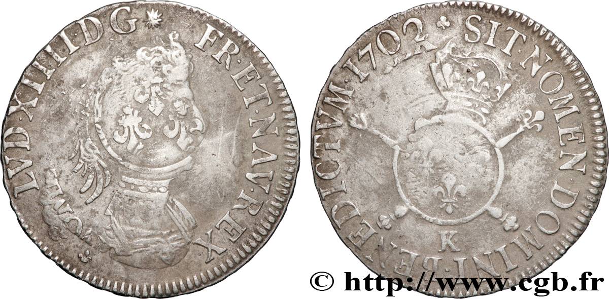LOUIS XIV LE GRAND OU LE ROI SOLEIL Demi-écu aux insignes 1702 Bordeaux TB