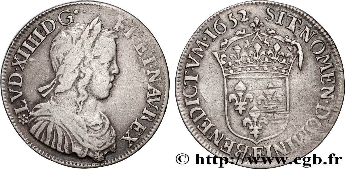 LOUIS XIV  THE SUN KING  Demi-écu, portrait à la mèche longue 1652 Tours VF/XF