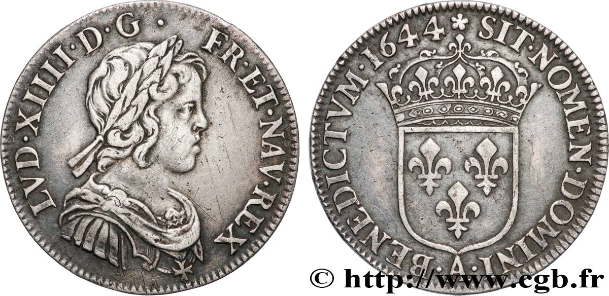 LOUIS XIV LE GRAND OU LE ROI SOLEIL Quart d écu, portrait à la mèche courte 1644 Paris, Monnaie de Matignon TTB+