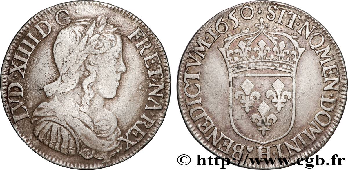 LOUIS XIV LE GRAND OU LE ROI SOLEIL Demi-écu, portrait à la mèche longue 1650 La Rochelle TB+