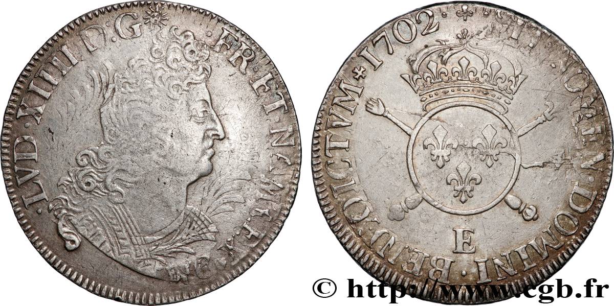 LOUIS XIV  THE SUN KING  Demi-écu aux insignes 1702 Tours VF/XF