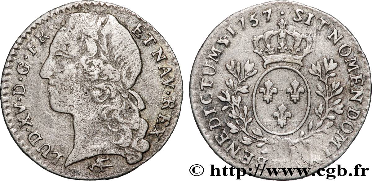 LOUIS XV DIT LE BIEN AIMÉ Dixième d écu aux branches d’olivier, tête ceinte d’un bandeau 1757 Lyon TB/TB+