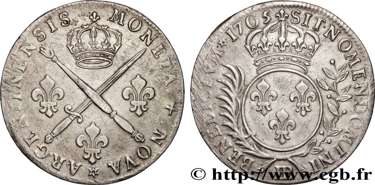 LOUIS XIV  THE SUN KING  Trente-trois sols aux insignes 1705 Strasbourg AU