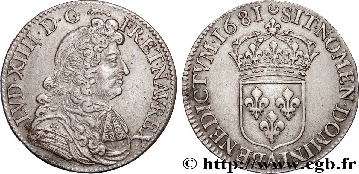 LOUIS XIV  THE SUN KING  Demi-écu, portrait à la cravate courte 1681 Paris AU