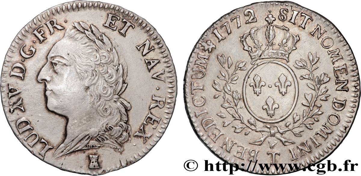 LOUIS XV DIT LE BIEN AIMÉ Demi-écu aux branches d’olivier, buste lauré 1772 Nantes TTB+