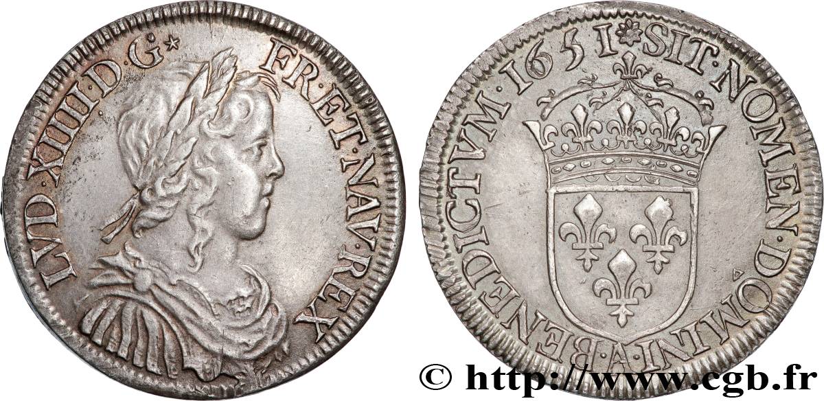 LOUIS XIV LE GRAND OU LE ROI SOLEIL Demi-écu, portrait à la mèche longue 1651 Paris TTB/TTB+