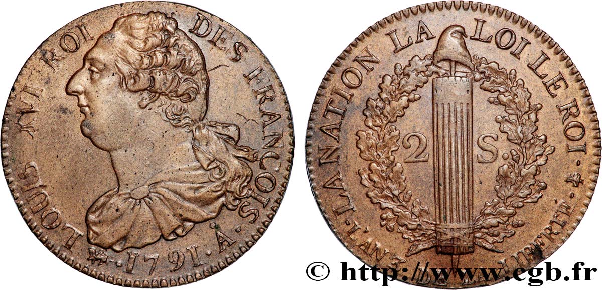 LOUIS XVI (MONARQUE CONSTITUTIONNEL)  2 sols dit  au faisceau , type FRANÇOIS 1791 Paris SUP/TTB+