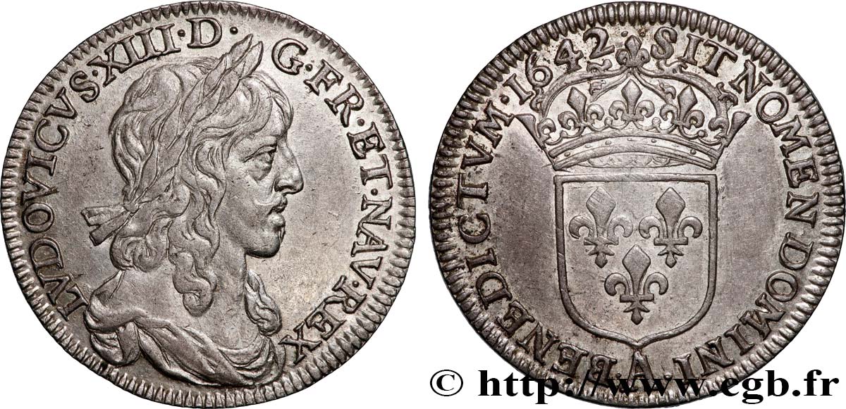 LOUIS XIII LE JUSTE Quart d écu, buste drapé (1er buste de Jean Warin) 1642 Paris, Monnaie du Louvre TTB+/SUP