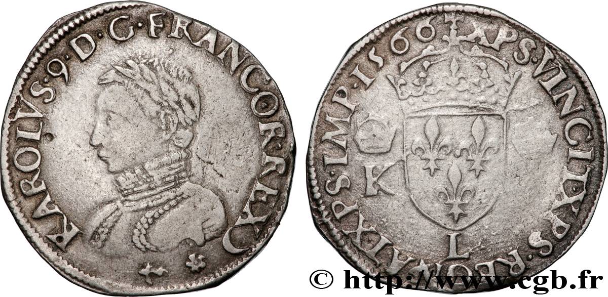 CHARLES IX Teston, 4e type 1566 Bayonne VF/XF