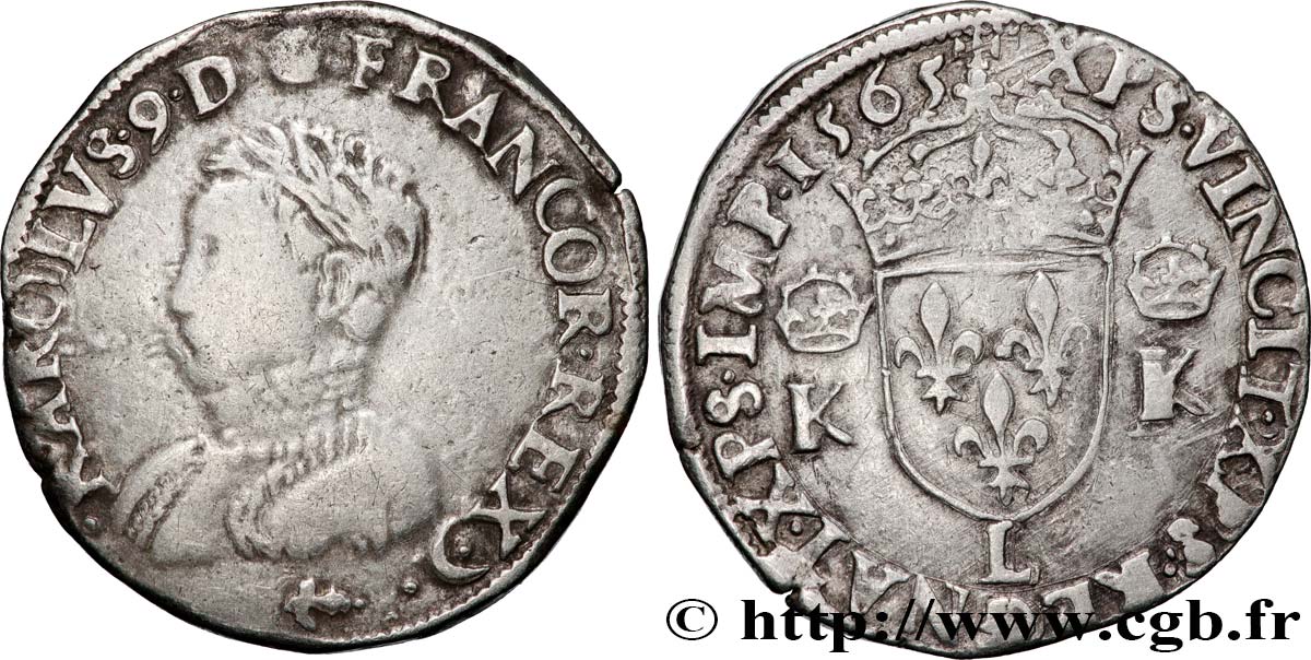 CHARLES IX Teston, 4e type 1565 Bayonne VF/XF