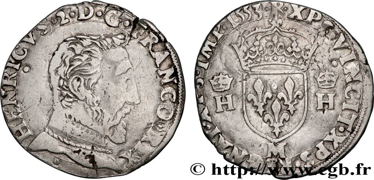 HENRY II Teston à la tête nue, 5e type 1553 Toulouse XF